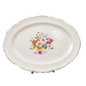 Crooksville Oval Serving Plate Platter Embossed Gold Trim Floral Rose 13.5” VTG